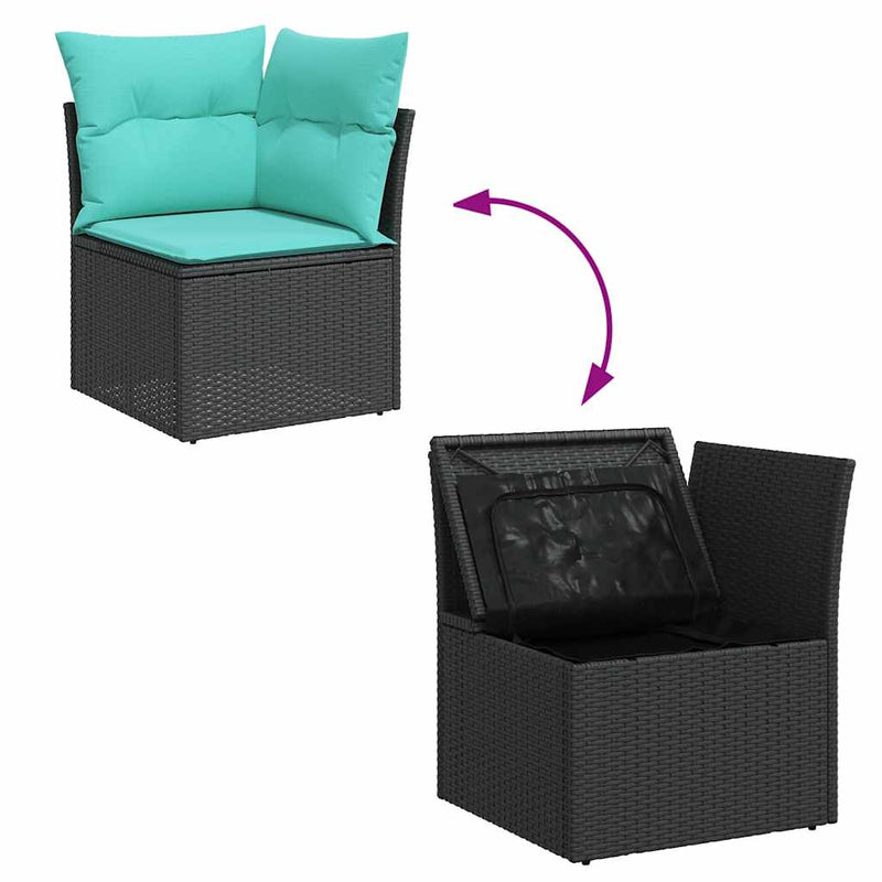Set mobilier grădină perne 8 piese negru, poliratan/lemn acacia