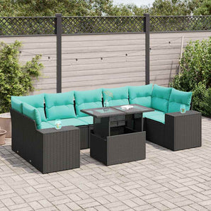 Set mobilier grădină perne 8 piese negru, poliratan/lemn acacia