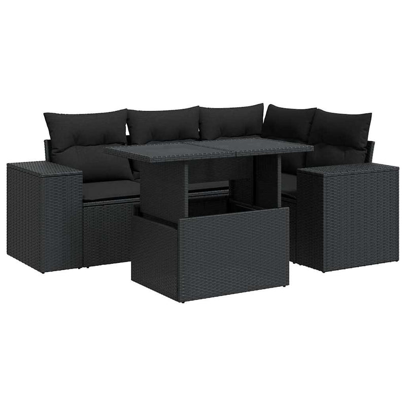 Set mobilier de grădină cu perne, 5 piese, negru, poliratan