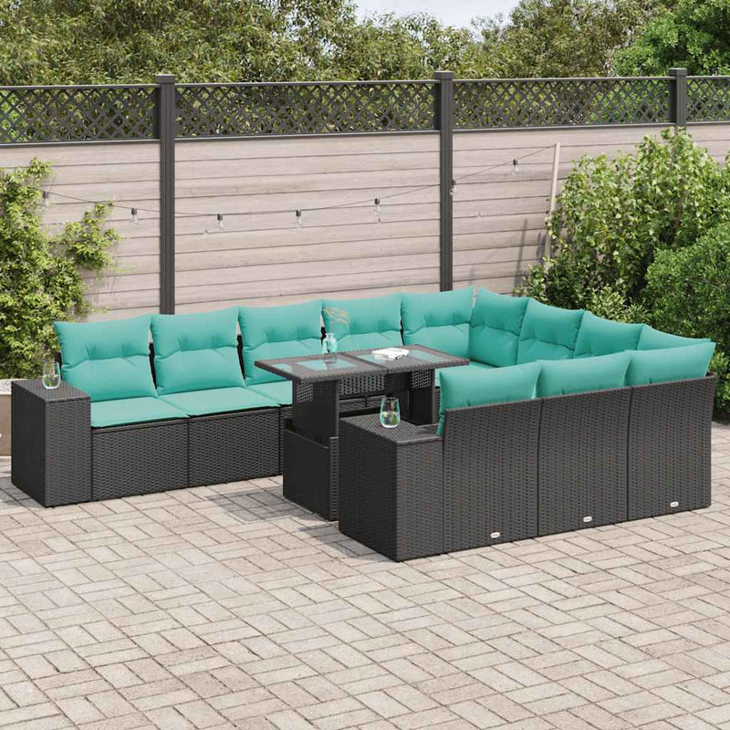 Set canapele grădină cu perne 11 piese, negru, poliratan/acacia