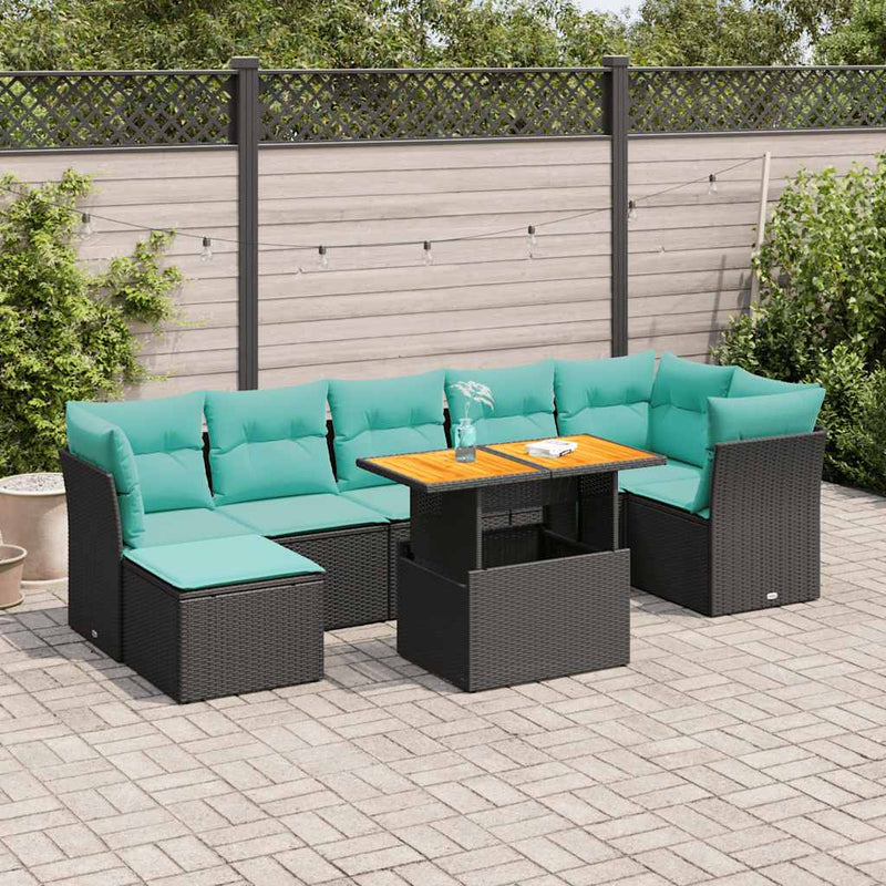 Set mobilier de grădină cu perne, 8 piese, negru, poliratan