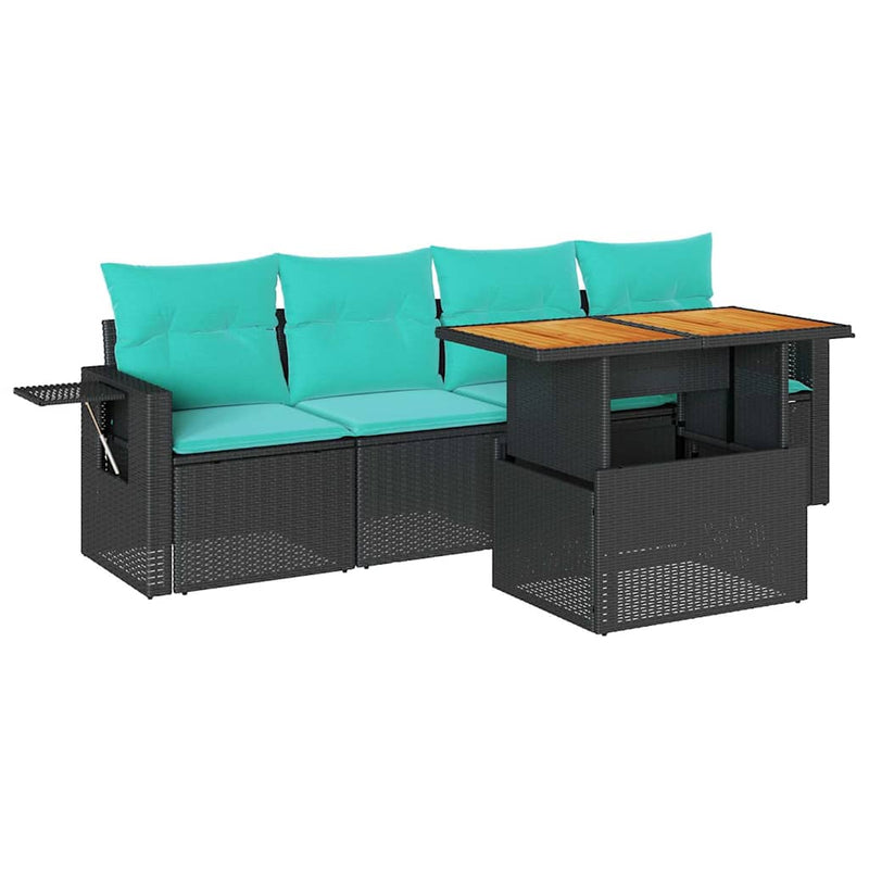 Set mobilier de grădină cu perne, 5 piese, negru, poliratan