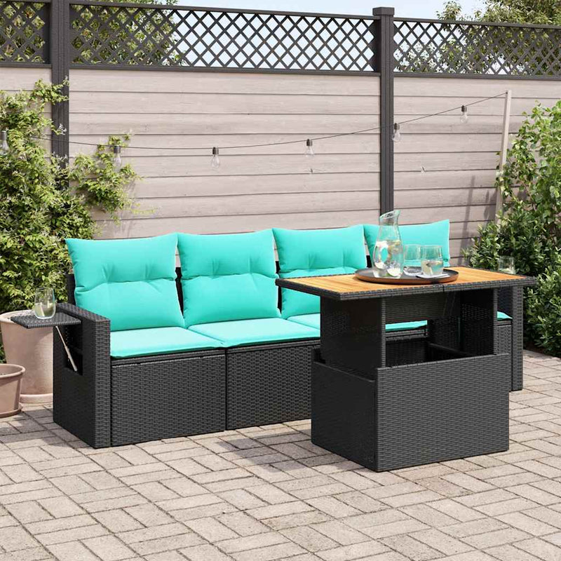 Set mobilier de grădină cu perne, 5 piese, negru, poliratan