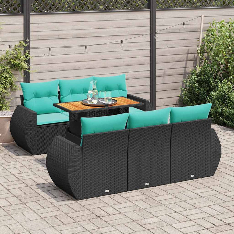 Set canapele de grădină cu perne, 7 piese, negru, poliratan