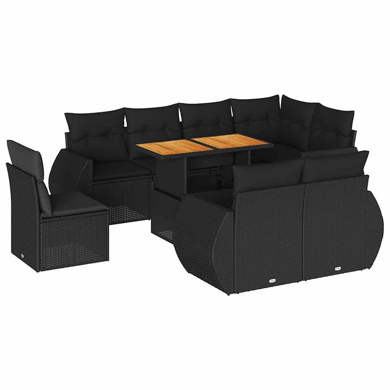 Set mobilier de grădină cu perne, 9 piese, negru, poliratan