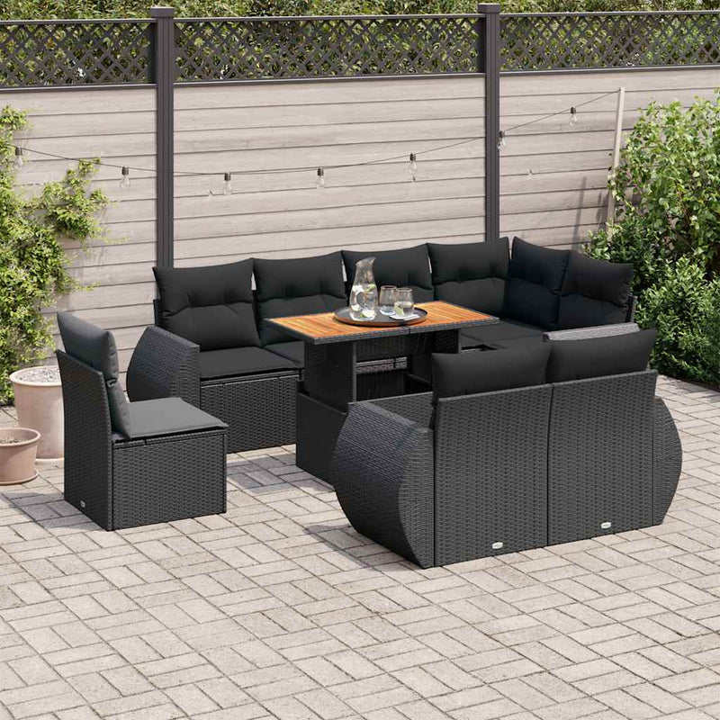Set mobilier de grădină cu perne, 9 piese, negru, poliratan