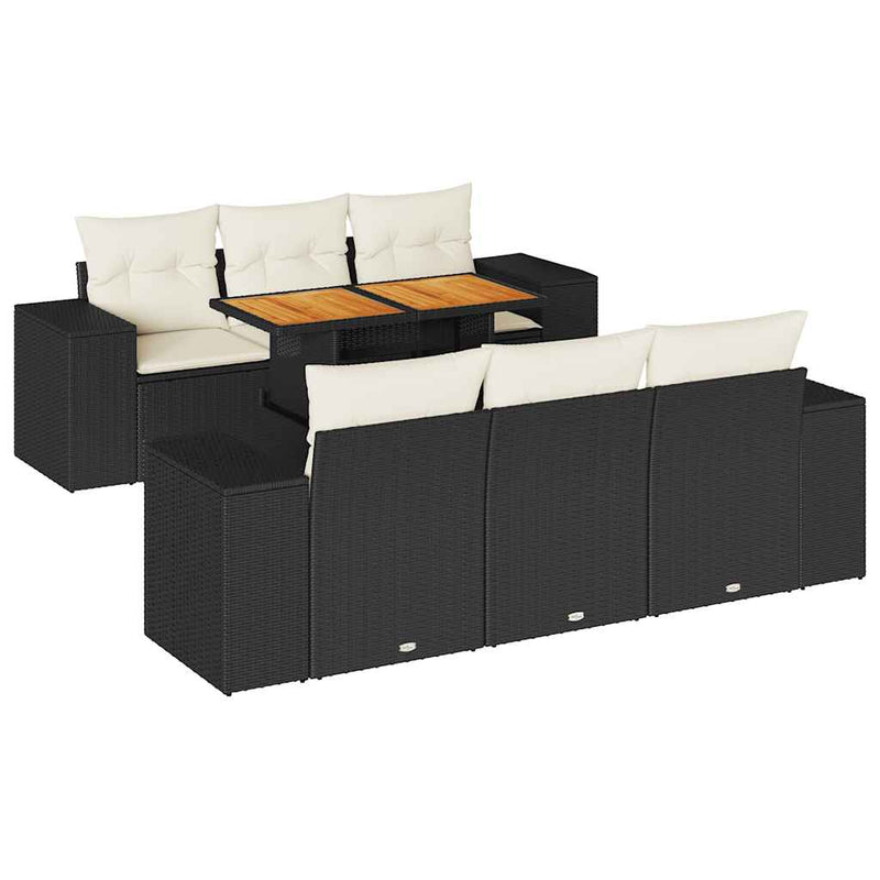 Set canapele de grădină cu perne, 7 piese, negru, poliratan