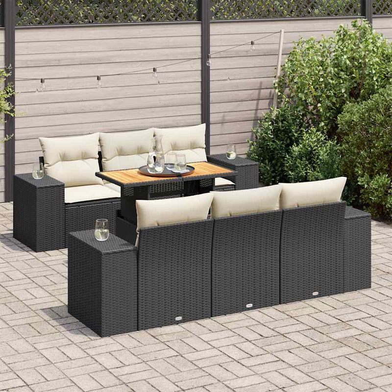 Set canapele de grădină cu perne, 7 piese, negru, poliratan