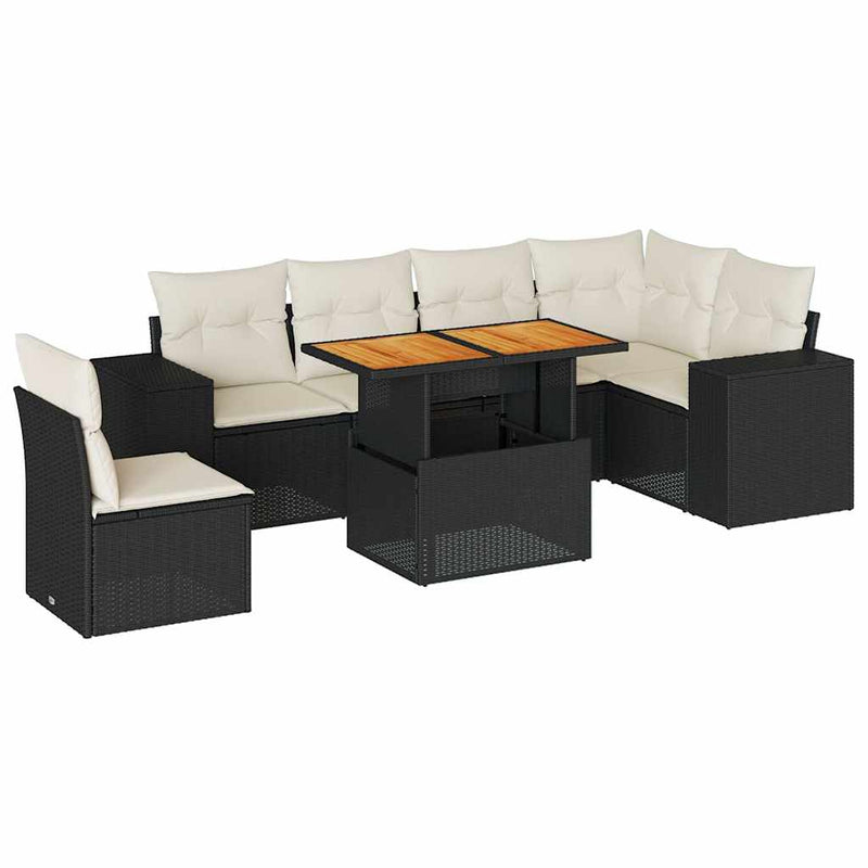 Set canapele de grădină cu perne, 7 piese, negru, poliratan
