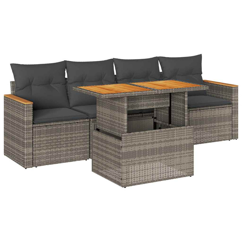 Set canapea de grădină cu perne, 5 piese, poliratan/lemn acacia