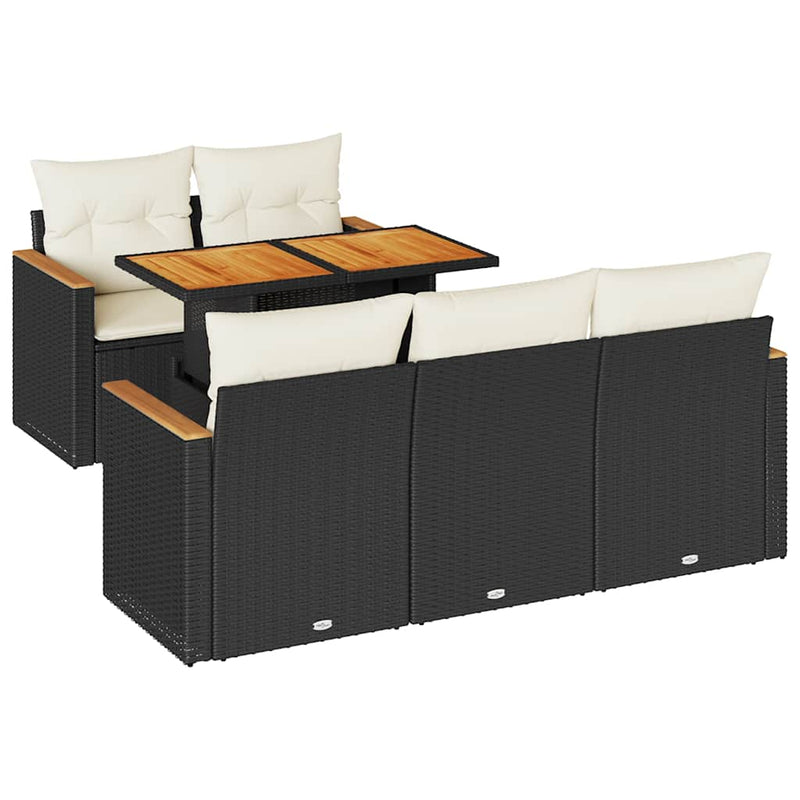 Set mobilier grădină perne 6 piese negru poliratan/lemn acacia