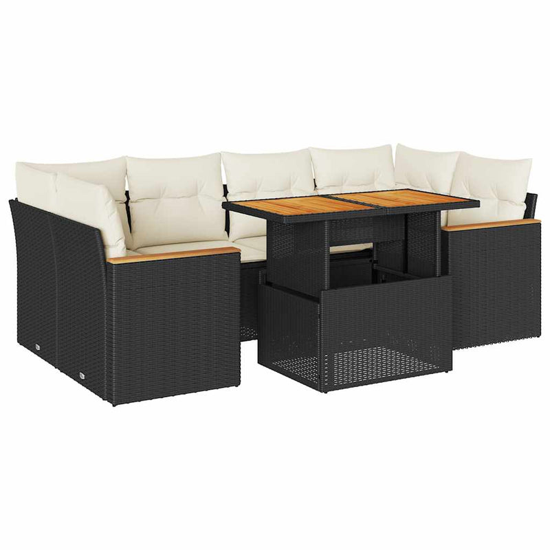 Set mobilier grădină perne 6 piese negru poliratan/lemn acacia