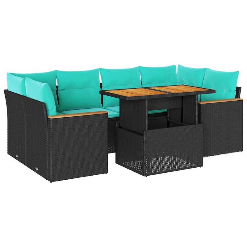 Set canapele de grădină cu perne, 7 piese, negru, poliratan