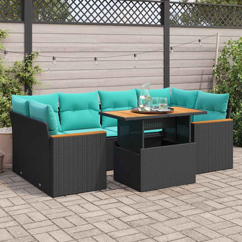 Set canapele de grădină cu perne, 7 piese, negru, poliratan