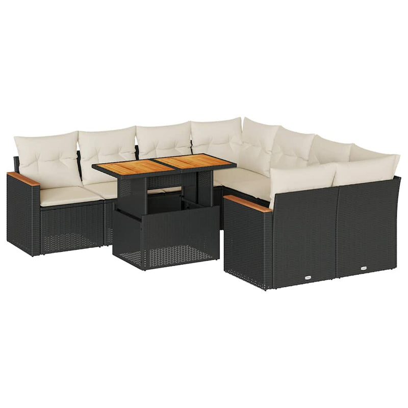 Set mobilier grădină perne 9 piese negru poliratan/lemn acacia