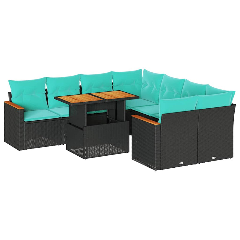 Set mobilier de grădină cu perne, 9 piese, negru, poliratan