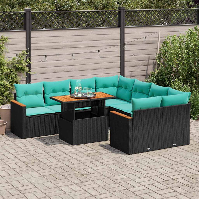 Set mobilier de grădină cu perne, 9 piese, negru, poliratan