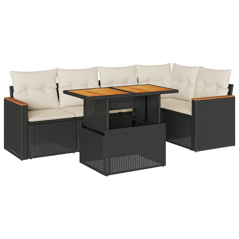 Set mobilier grădină perne 6 piese negru poliratan/lemn acacia