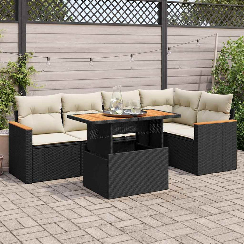 Set mobilier grădină perne 6 piese negru poliratan/lemn acacia