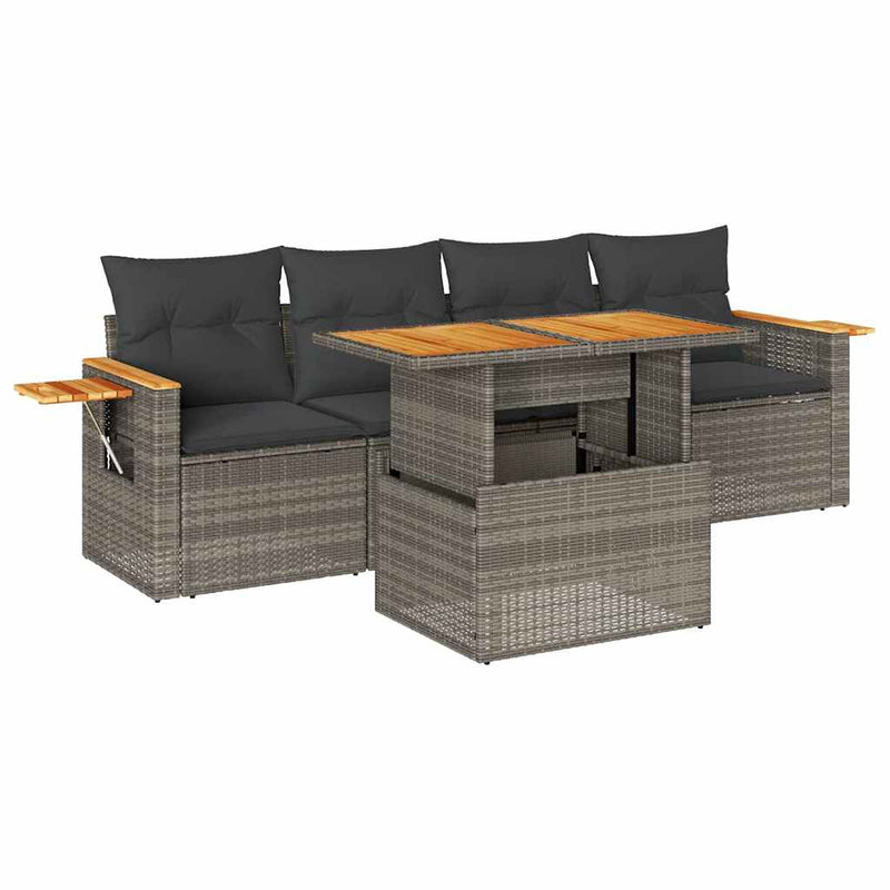 Set canapea de grădină cu perne, 5 piese, poliratan/lemn acacia