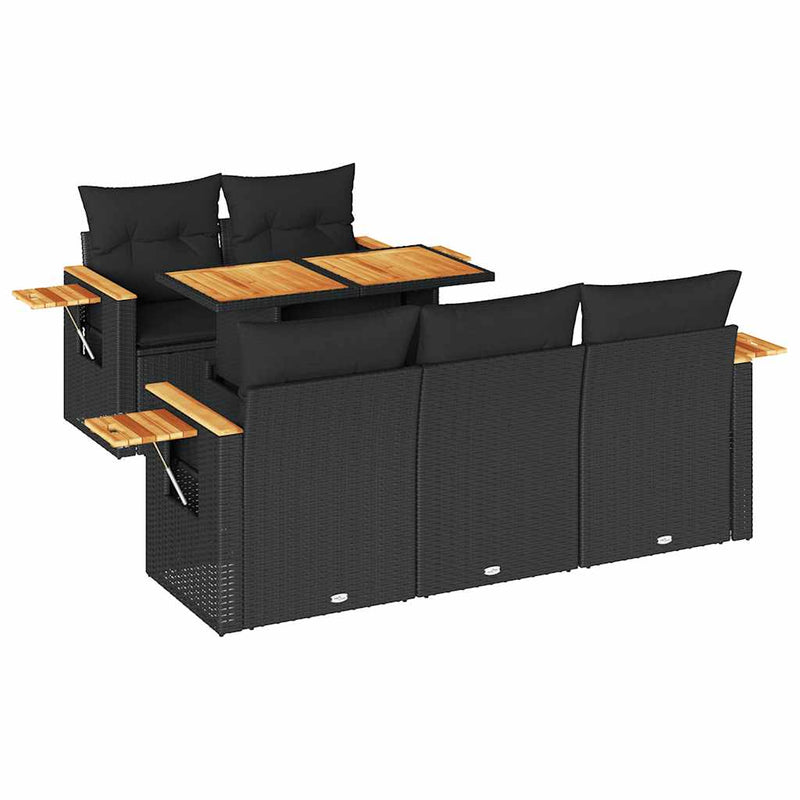 Set mobilier grădină perne 6 piese negru poliratan/lemn acacia