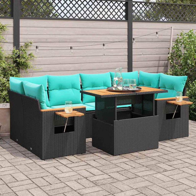 Set canapele de grădină cu perne, 7 piese, negru, poliratan