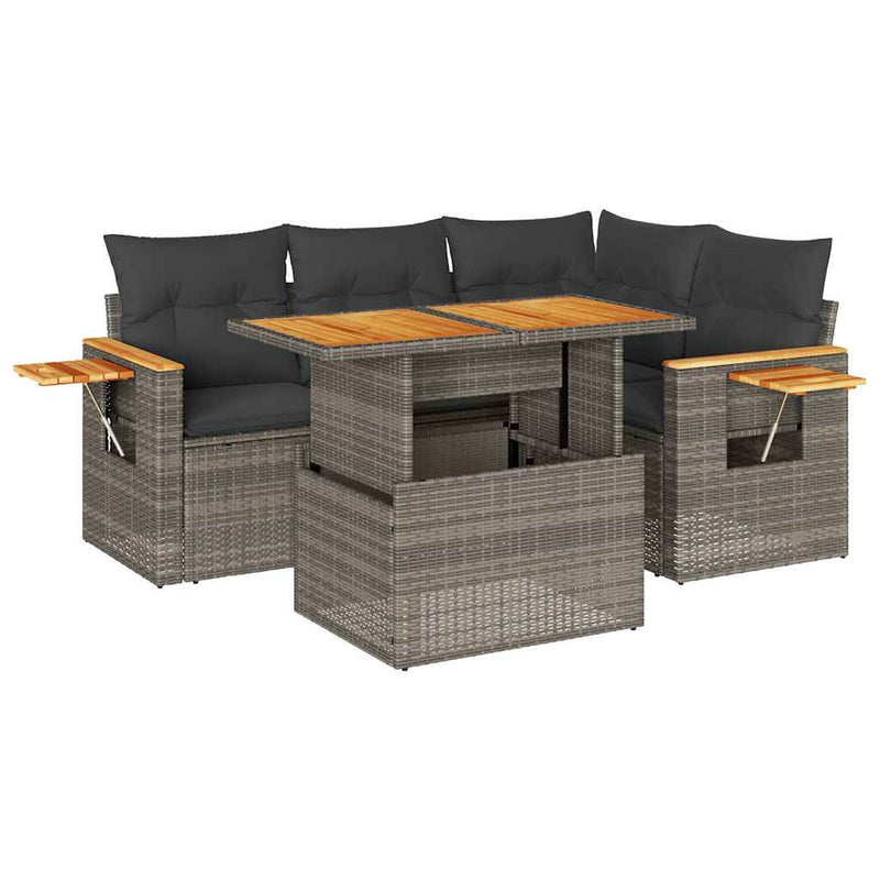 Set canapea de grădină cu perne, 5 piese, poliratan/lemn acacia