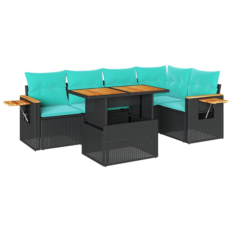 Set mobilier grădină perne 6 piese negru poliratan/lemn acacia