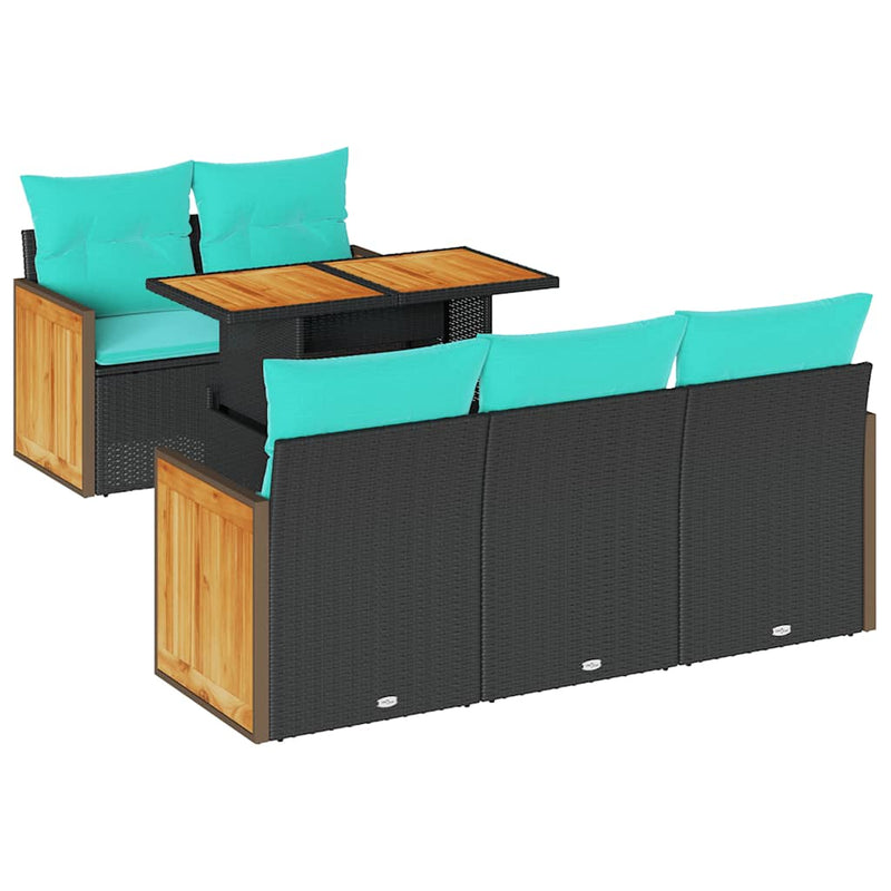 Set canapele de grădină cu 6 piese și perne, poliratan negru, acacia