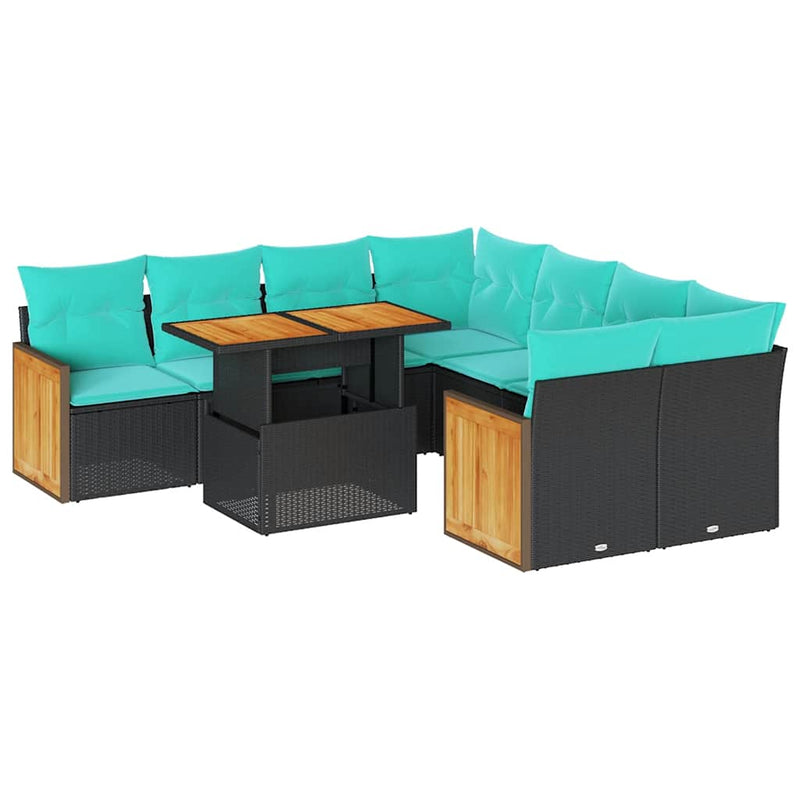 Set mobilier grădină perne 9 piese negru poliratan/lemn acacia
