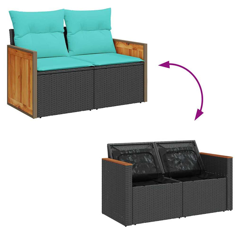 Set mobilier grădină perne 9 piese negru poliratan/lemn acacia