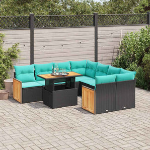 Set mobilier grădină perne 9 piese negru poliratan/lemn acacia