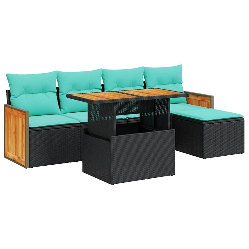 Set mobilier grădină perne 6 piese negru poliratan/lemn acacia