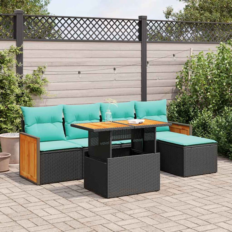 Set mobilier grădină perne 6 piese negru poliratan/lemn acacia