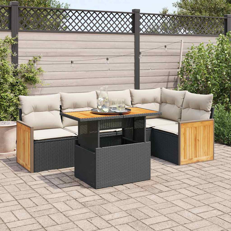 Set mobilier grădină perne 6 piese negru poliratan/lemn acacia