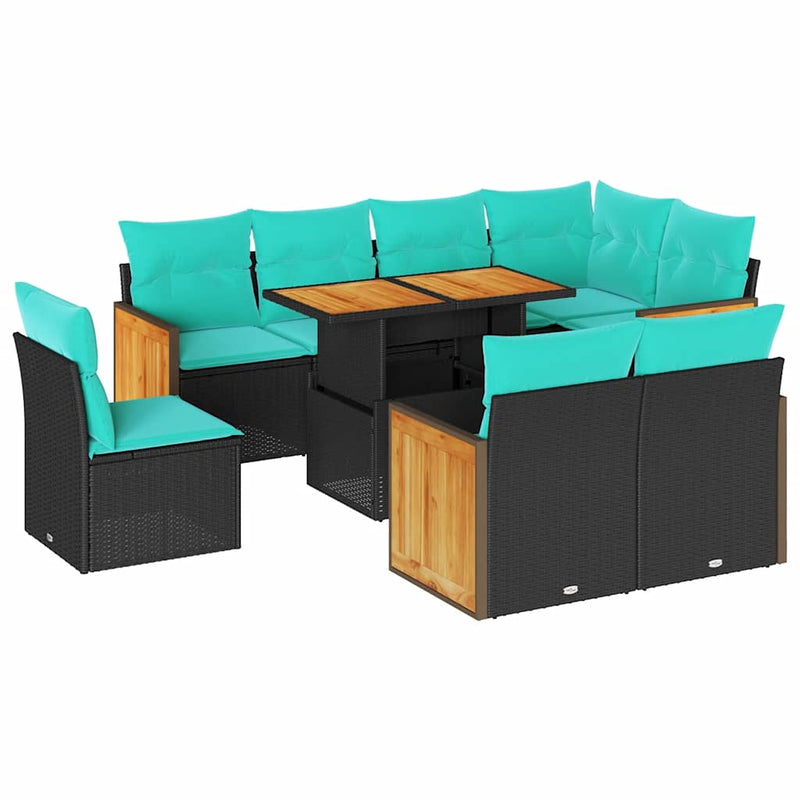 Set mobilier grădină perne 9 piese negru poliratan/lemn acacia