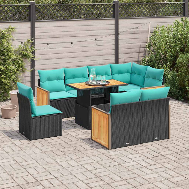 Set mobilier grădină perne 9 piese negru poliratan/lemn acacia