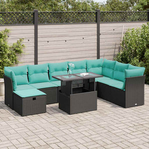 Set mobilier grădină perne 9 piese negru poliratan/lemn acacia