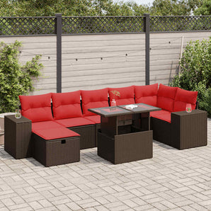 Set mobilier grădină perne 8 piese negru, poliratan/lemn acacia