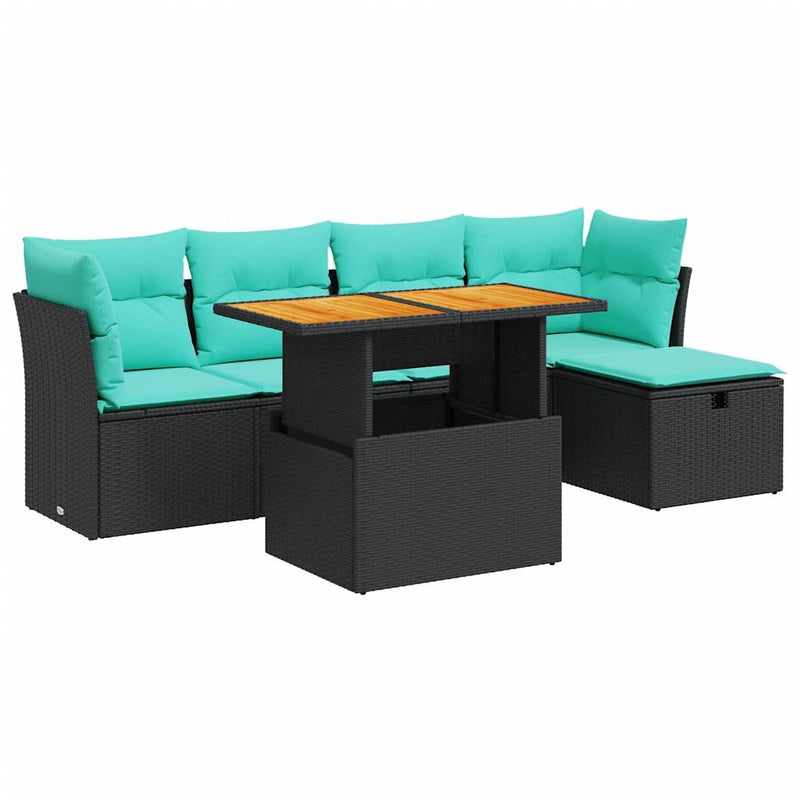 Set mobilier grădină perne 6 piese negru poliratan/lemn acacia