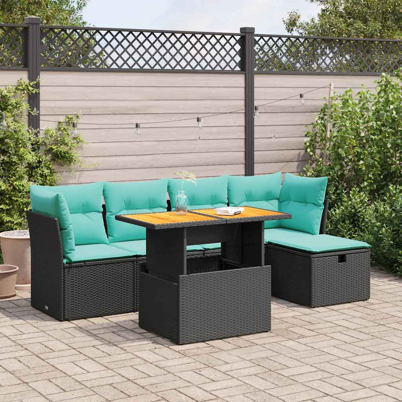 Set mobilier grădină perne 6 piese negru poliratan/lemn acacia