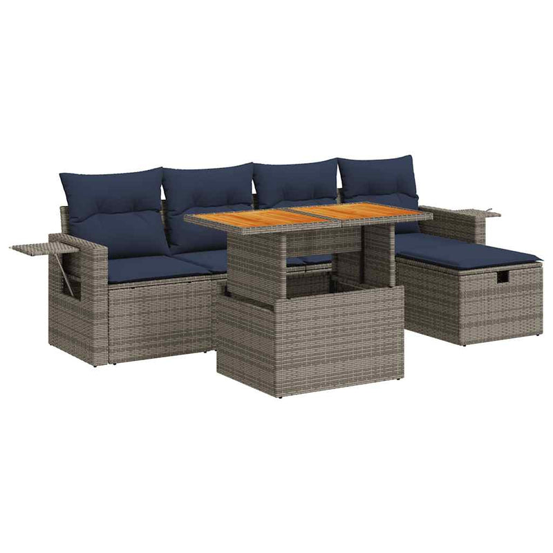 Set mobilier grădină cu perne 6 piese gri poliratan/lemn acacia