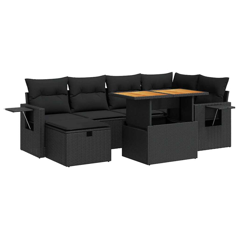 Set mobilier grădină perne 8 piese negru, poliratan/lemn acacia