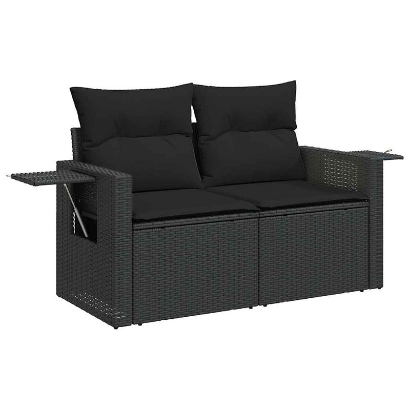 Set mobilier grădină perne 8 piese negru, poliratan/lemn acacia
