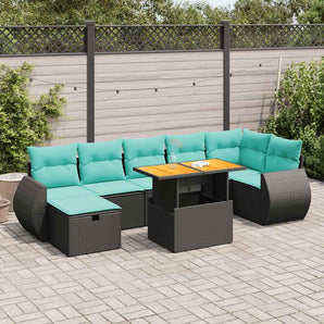 Set mobilier grădină perne 8 piese negru, poliratan/lemn acacia