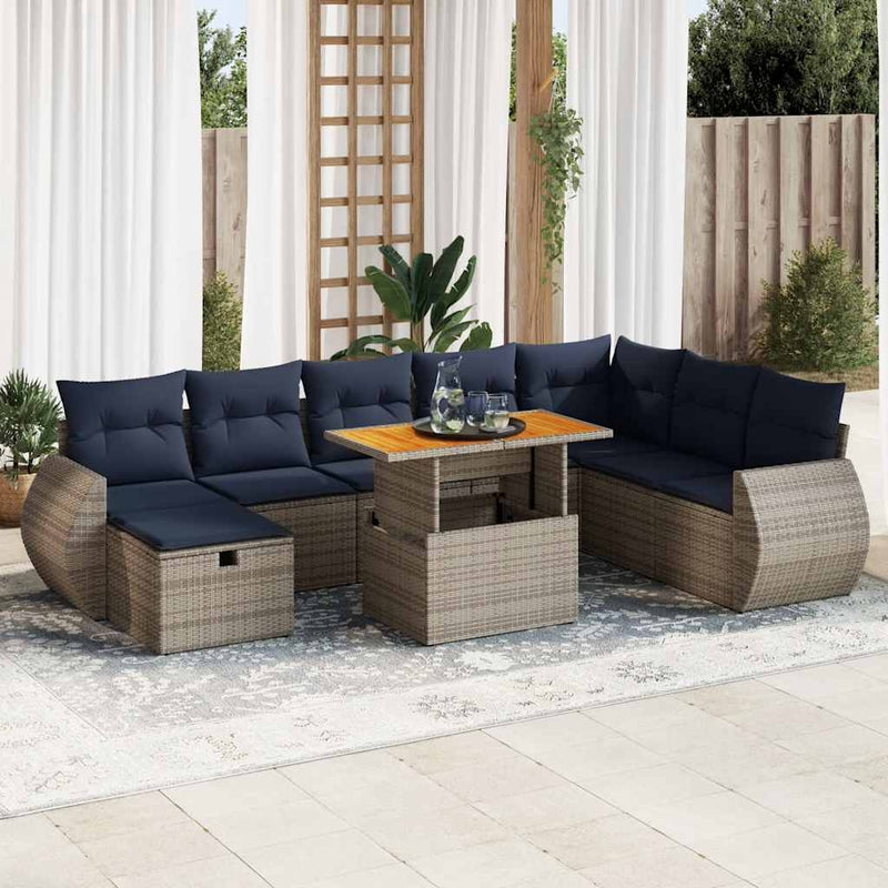 Set mobilier grădină perne 9 piese gri poliratan/lemn acacia