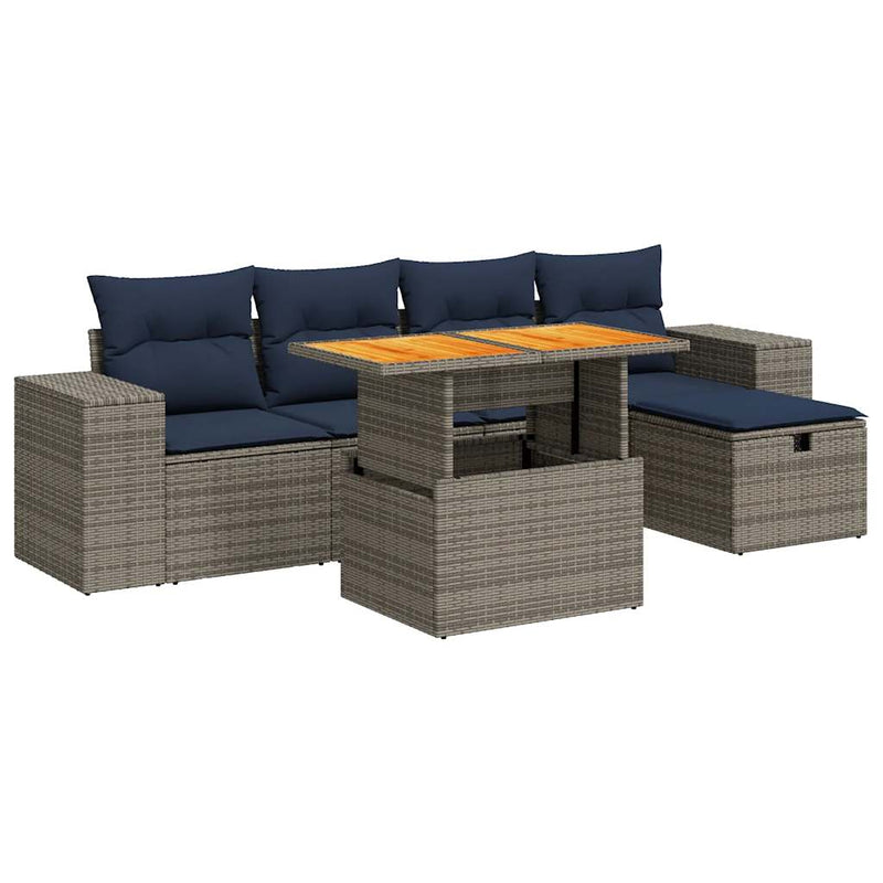 Set mobilier grădină perne 6 piese negru poliratan/lemn acacia