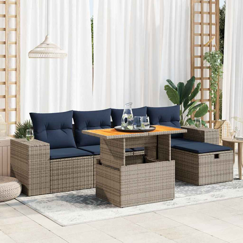 Set mobilier grădină perne 6 piese negru poliratan/lemn acacia