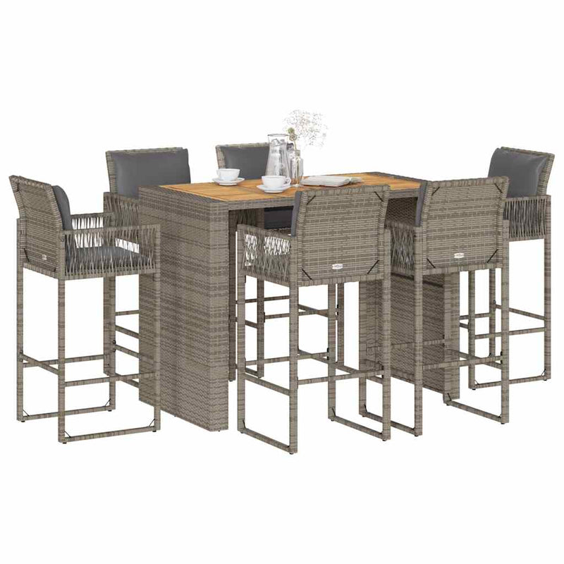 Set mobilier bar de grădină cu perne, 7 piese, gri, poliratan