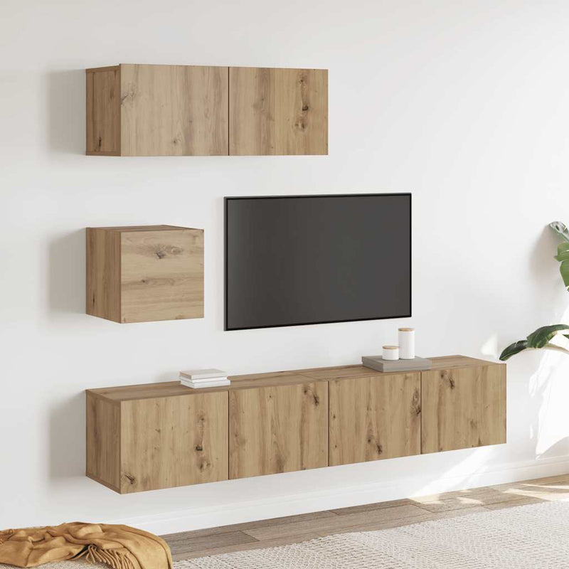 Set dulap TV 4 piese montat pe perete Stejar artizanal